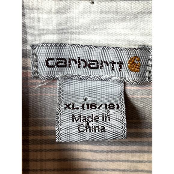 Carhartt Women's Button Up Shirt Roll Tab Sleeves in gray/peach plaid, size XL - Picture 2 of 9